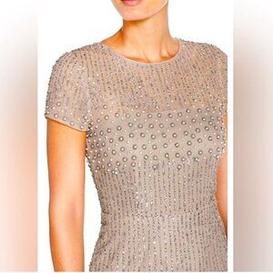 ADRIANNA PAPELL Silver Waterfall Beaded Sequin Cocktail Dress sz 12